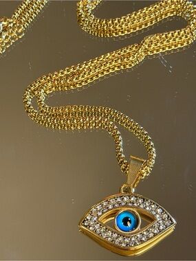Gold Evil Eye Pendant Necklace with Blue Center